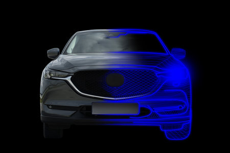 Futuristic car with digital wireframe, combined design. Front viewの写真素材