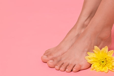Woman with smooth feet and flower on pink background, closeup. Space for textの写真素材