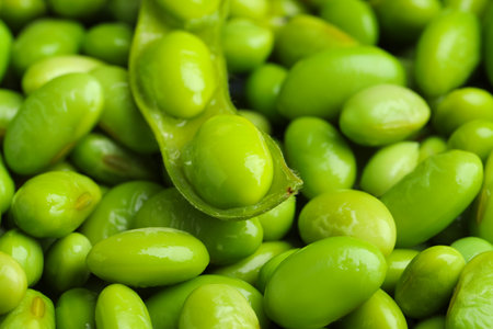 Fresh edamame pod on soybeans, closeup viewの写真素材