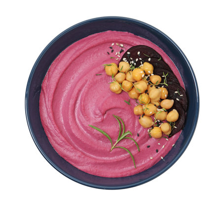 Tasty beetroot hummus and chickpeas in bowl isolated on white, top viewの写真素材