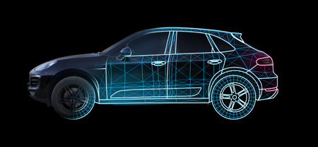Futuristic car with digital wireframe, combined design. Side viewの写真素材