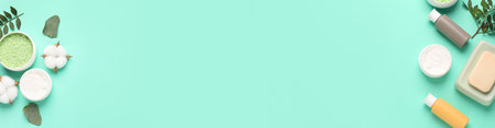 Cosmetic products and cotton flowers on turquoise background, flat lay. Banner design with space for textの写真素材