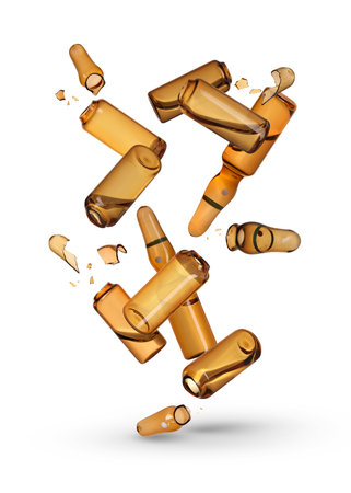 Many ampoules and glass pieces falling on white backgroundの写真素材