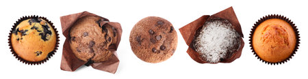 Different yummy muffins isolated on white, set. Top viewの写真素材