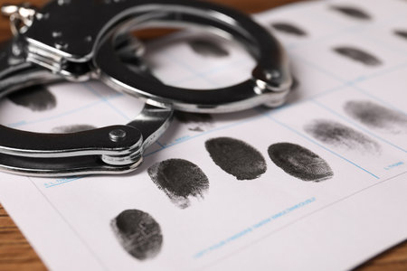Paper sheet with human fingerprints and handcuffs on table, closeup. Criminal convictionの写真素材