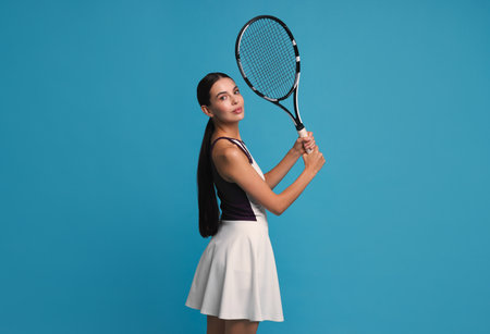 Beautiful young woman with tennis racket on light blue backgroundの写真素材