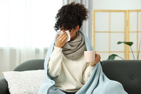 Cold symptom. Young woman with tissue and cup of hot drink at homeの写真素材