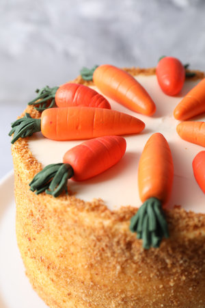 Delicious natural carrot cake on plate, closeupの写真素材