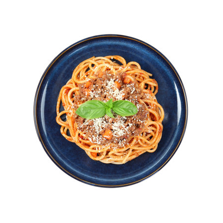 Delicious pasta bolognese with basil isolated on white, top viewの写真素材