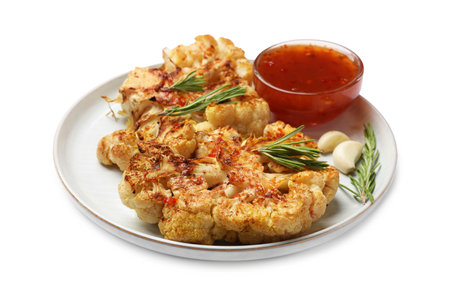 Delicious baked cauliflower steaks with sauce isolated on whiteの写真素材