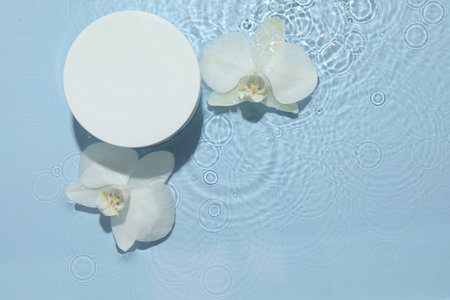 Product presentation. Beautiful orchid flowers and podium in water on light blue background, flat...