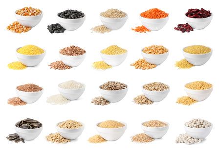 Different cereal grains, seeds and beans in bowls on white background, collectionの写真素材