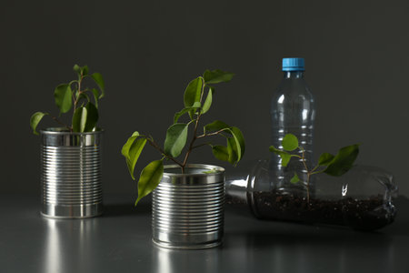 Recycling concept. Metal cans and plastic bottles with growing plants on gray tableの写真素材