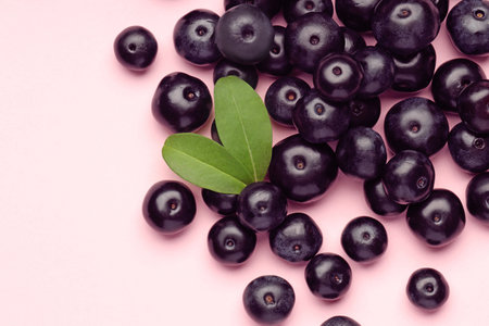 Ripe acai berries and leaves on pink background, flat layの写真素材