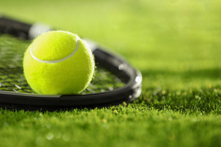 Tennis racket and ball on green grass, closeup. Space for textの写真素材