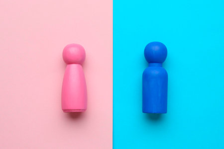 Gender equality concept. Male and female figures on color background, flat layの写真素材