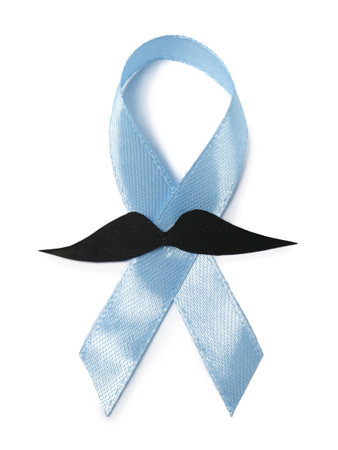 Light blue ribbon and fake mustache isolated on white, top view. Prostate cancer awarenessの写真素材