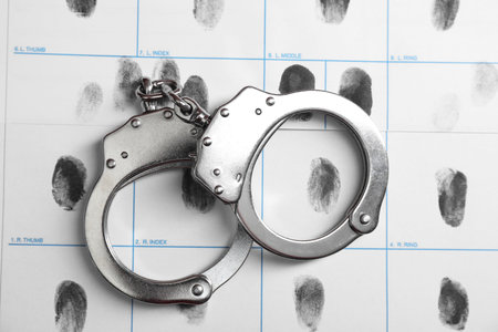 Human fingerprints and handcuffs on paper, top view. Criminal convictionの写真素材