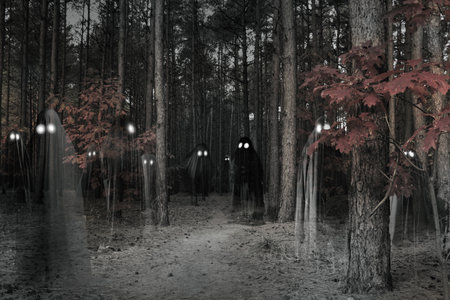 Creepy ghosts with glowing eyes among trees in forestの写真素材
