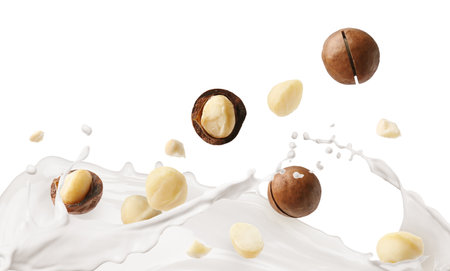 Macadamia nuts and splashing milk in air on white backgroundの写真素材