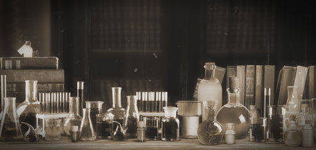 Chemist's workplace with old books and laboratory glassware, vintage style. Banner designの写真素材