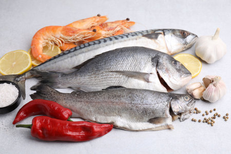 Different fresh sea food with spices on light gray table, closeupの写真素材