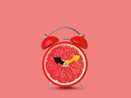 Juicy grapefruit on alarm clock dial against pink background. creative posterの写真素材