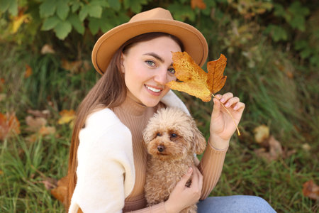 Smiling woman with cute dog and autumn leaf in parkの写真素材