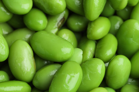 Fresh edamame soybeans as background, above viewの写真素材