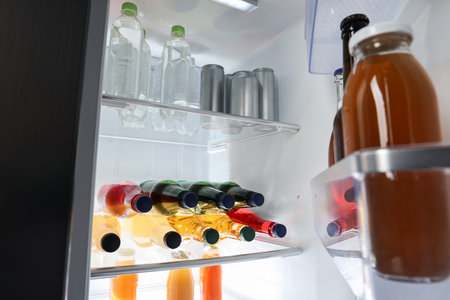 Many different cold drinks in the refrigerator, closeupの写真素材