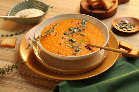 Delicious pumpkin soup with spices on wooden table, closeupの写真素材