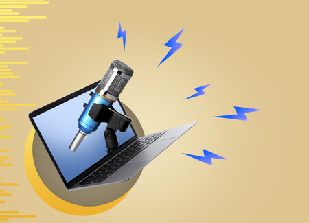 Creative collage with microphone sticking out of laptop on color background. Journalism conceptの写真素材
