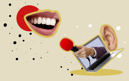 Creative collage with journalist's hand holding microphone sticking out of laptop on color backgroundの写真素材