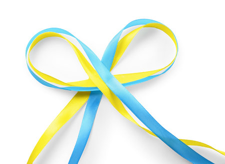 Ribbons in colors of Ukrainian national flag isolated on white, top viewの写真素材