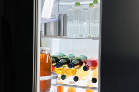 Many different cold drinks in the refrigerator, closeupの写真素材