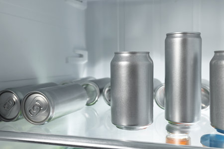 Many cans of beer in refrigerator, closeupの写真素材