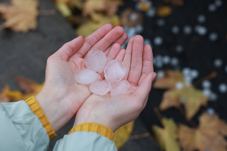 Woman holding hail grains after thunderstorm outdoors, closeup