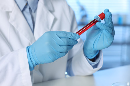 Laboratory testing. Doctor holding test tube with blood sample at table indoors, closeupの写真素材