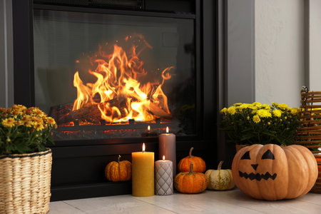 Pumpkins, burning candles and flowers near fireplace indoors. Halloween celebrationの写真素材