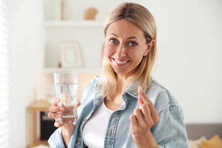 Menopause, hormone replacement therapy. Happy woman with pill and glass of water at homeの写真素材