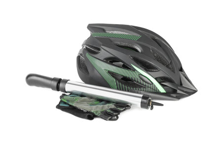 Bicycle helmet, fingerless gloves and pump isolated on whiteの写真素材