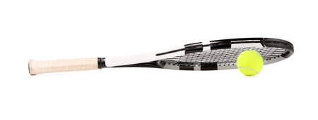 Tennis racket and ball isolated on whiteの写真素材