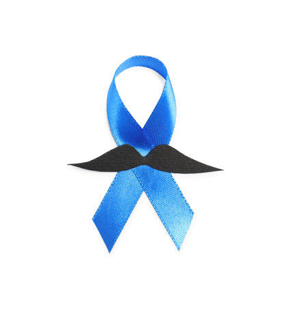 Blue ribbon and fake mustache isolated on white, top view. Prostate cancer awarenessの写真素材