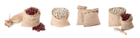 Burlap bags with different beans isolated on white, set