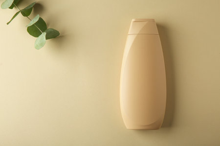 Bottle of shampoo and eucalyptus branch on beige background, flat lay. Space for textの写真素材