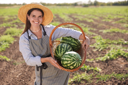 Woman holding wicker basket with ripe watermelons in fieldの写真素材