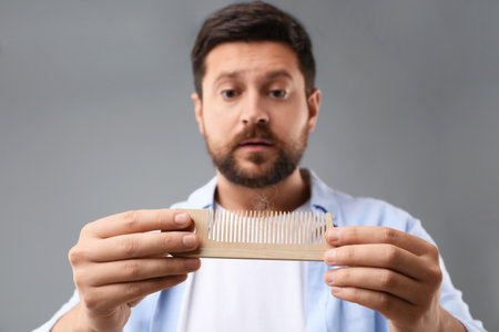 Sad man holding comb with lost hair on gray background, selective focus. Alopecia problemの写真素材