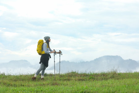 Young hiker with backpack and trekking poles in mountains, space for textの写真素材