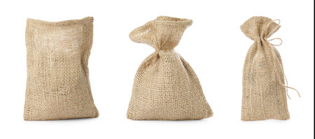 Set of burlap bags isolated on whiteの写真素材