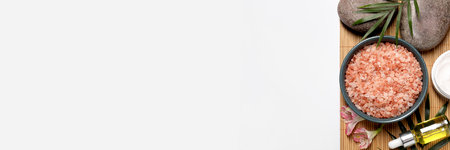 Flat lay composition with cosmetic products for spa treatment on white background, banner design. Space for textの写真素材